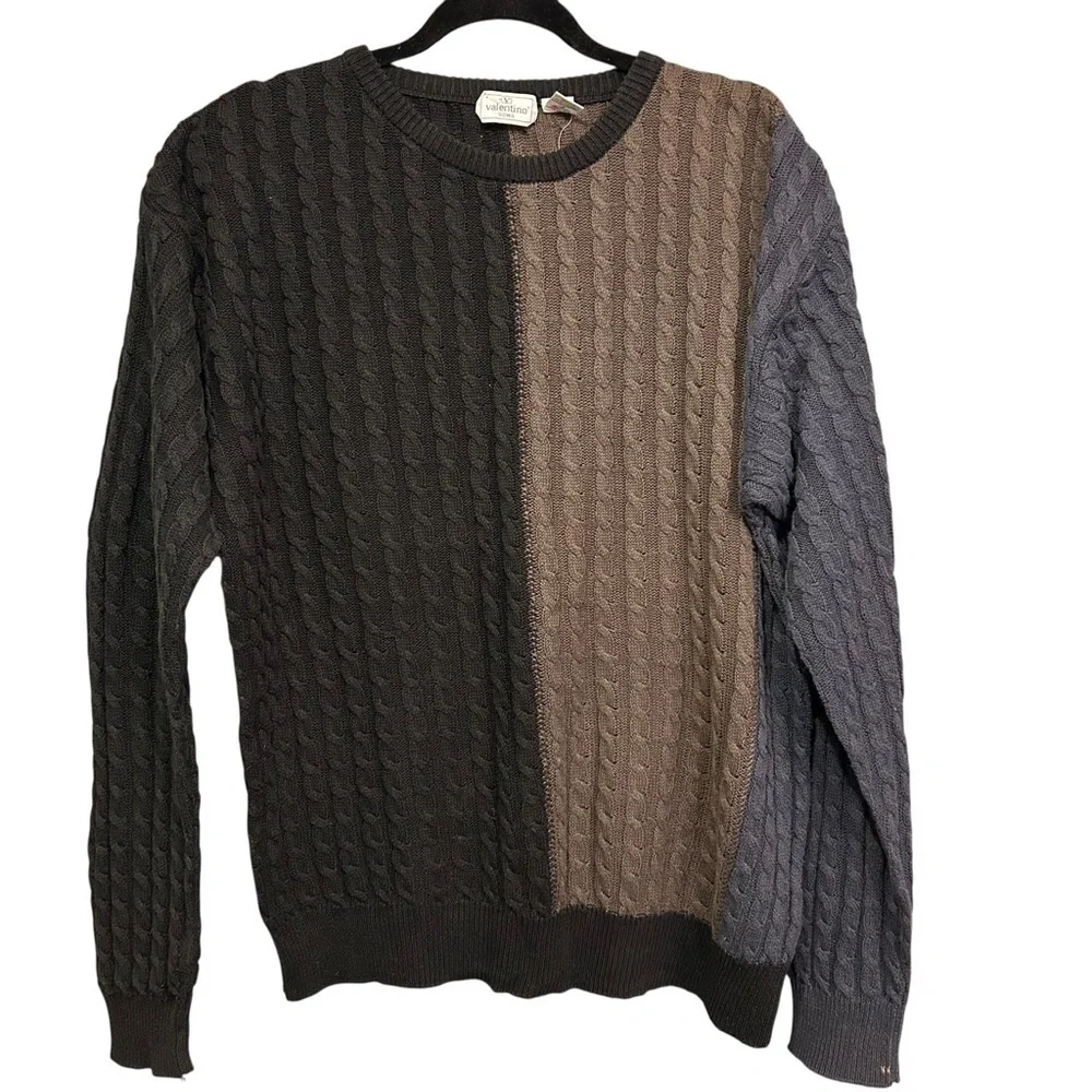 Vintage Valentino Uomo Crewneck Colorblock Linen Blend Cable Knit Sweater - Picture 1 of 9